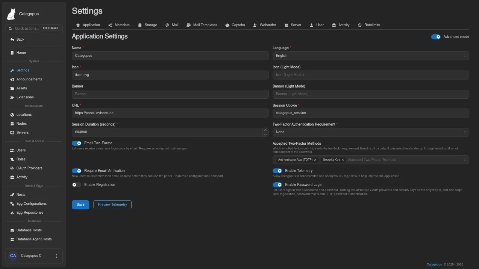 Application settings tab with the URL field