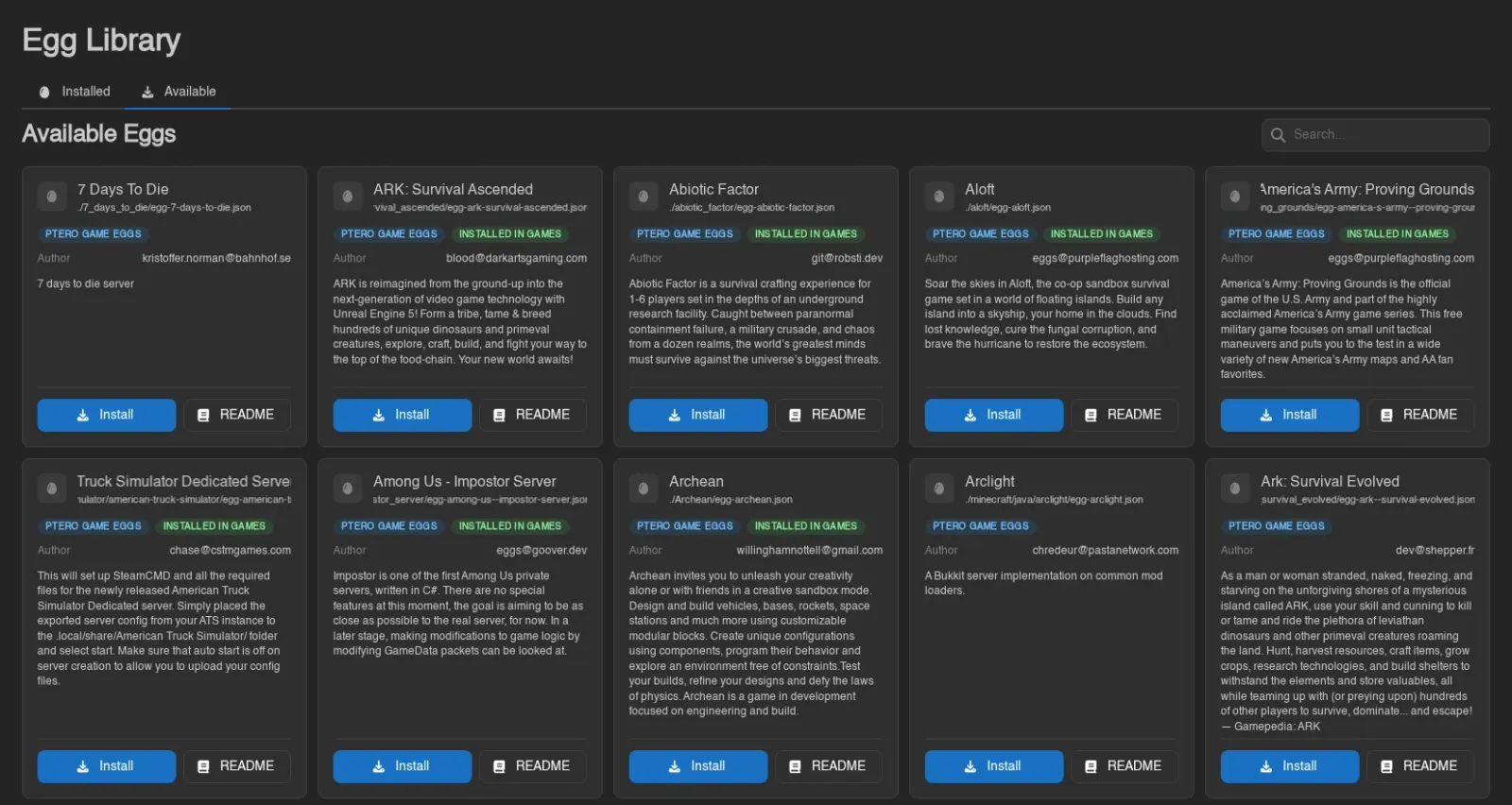 Egg Library Available tab with repository egg cards, Installed in badges, and Install and README buttons