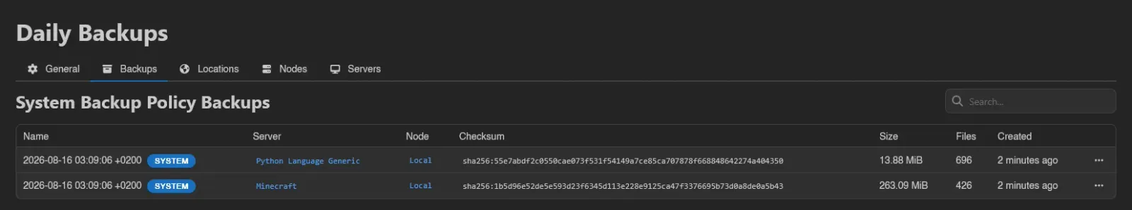 Policy backups tab