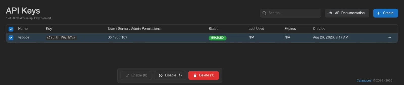 API key selected with Enable, Disable and Delete controls