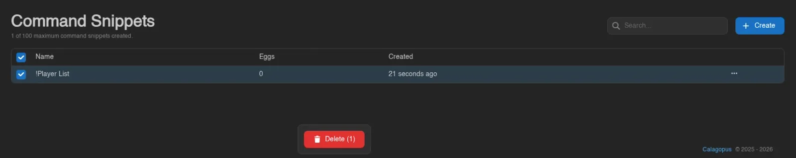 Command snippet selected with the bulk Delete control