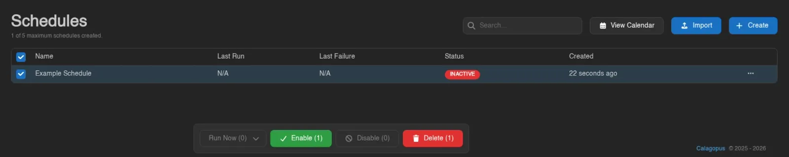 Schedule selected with Run Now, Enable, Disable and Delete controls