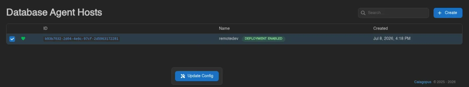 Database agent host selected with the bulk Update Config control