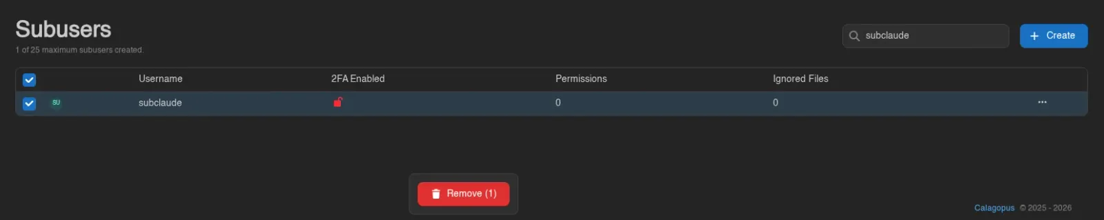 Subuser selected with the bulk Remove control