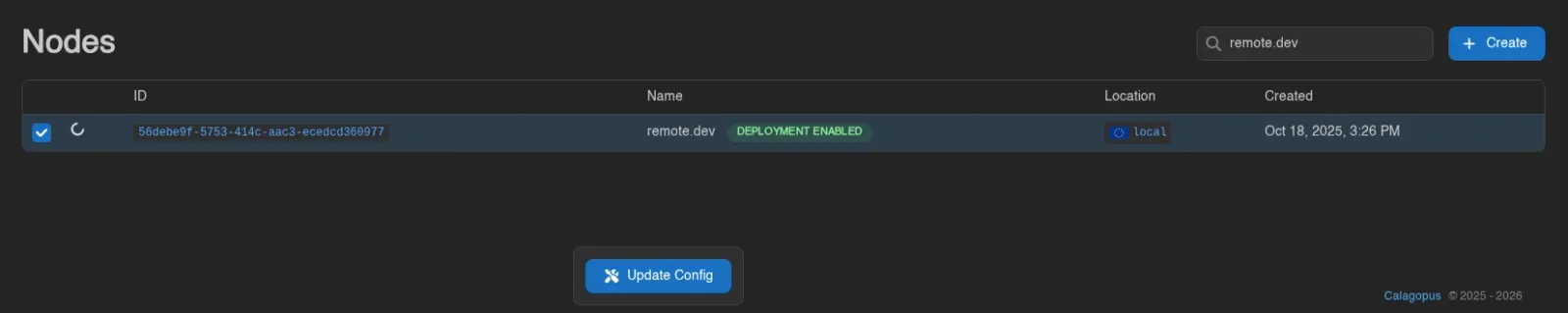Node selected with the bulk Update Config control