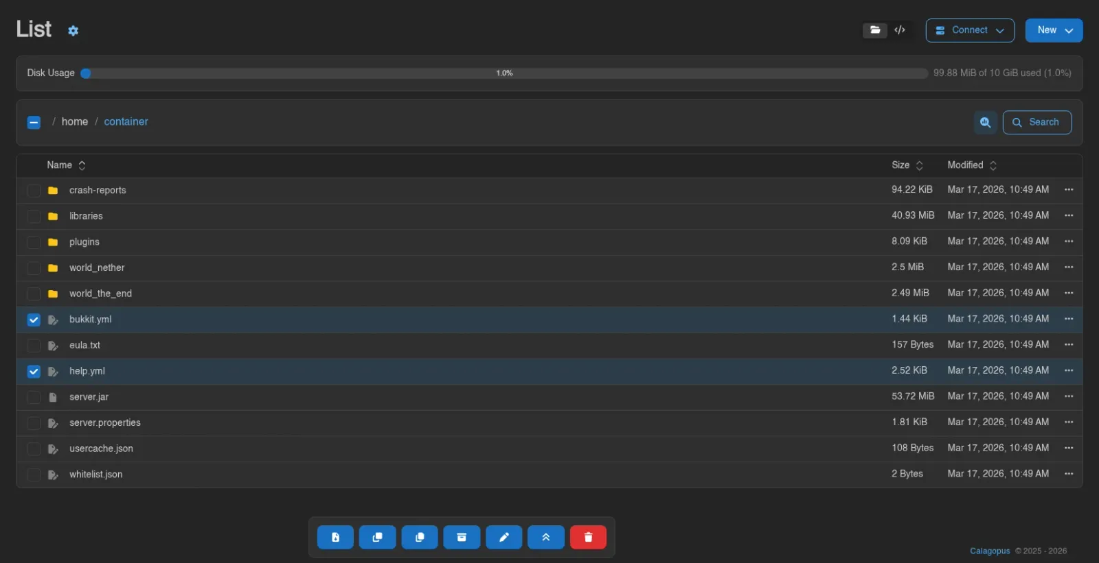 Files selected with download, copy, archive, rename, move and delete controls