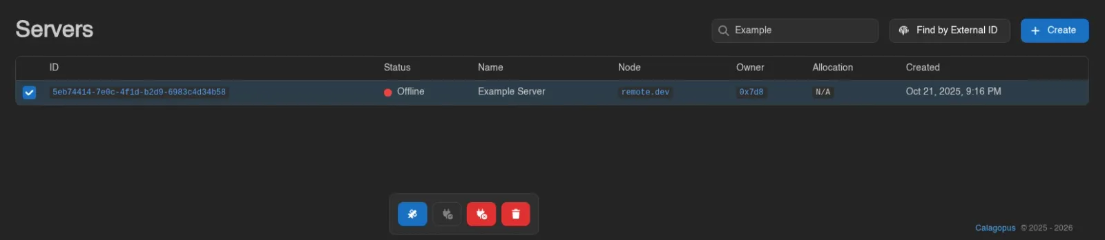 Admin server selected with Clear State, Unsuspend, Suspend and Delete controls