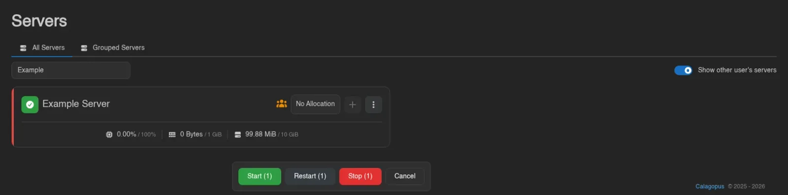 Server card selected with bulk Start, Restart, Stop and Cancel controls