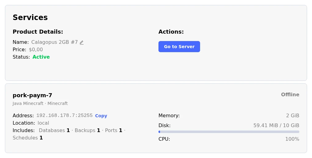 Paymenter service page with a Go to Server button and a server card showing address, location, memory, disk, and CPU