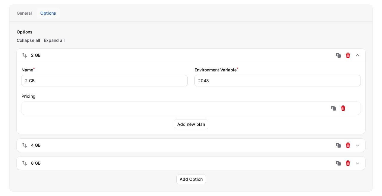 Paymenter configuration option Options tab listing 2 GB, 4 GB, and 8 GB choices with environment variable 2048 on the first