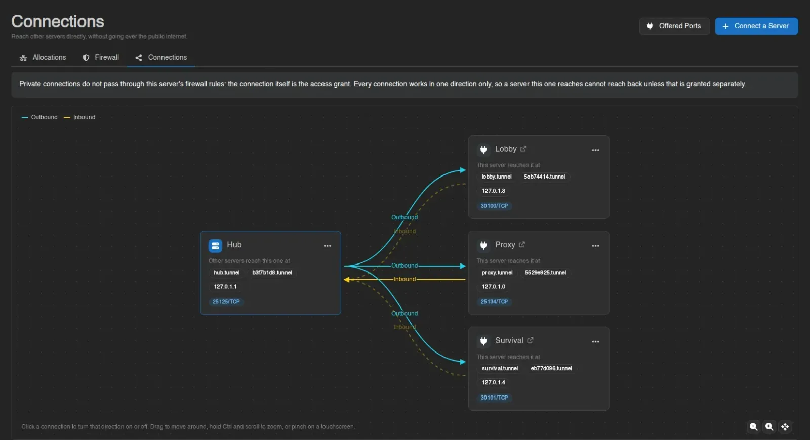The Connections page showing a proxy server connected to several game servers over the private network