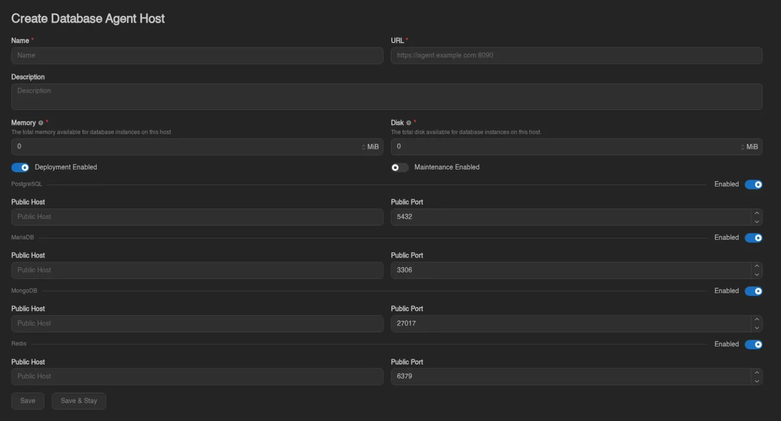 Create database agent host form