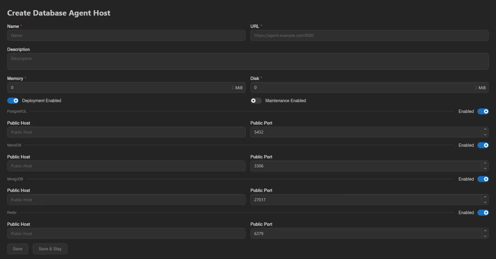Create database agent host form
