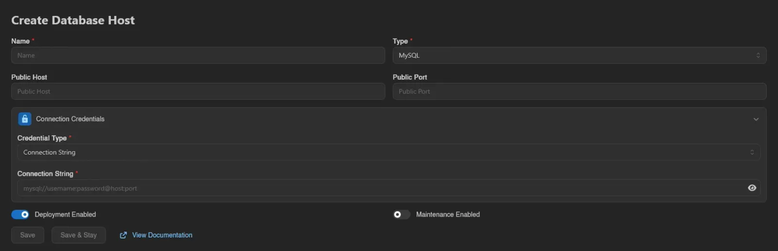 Create database host form