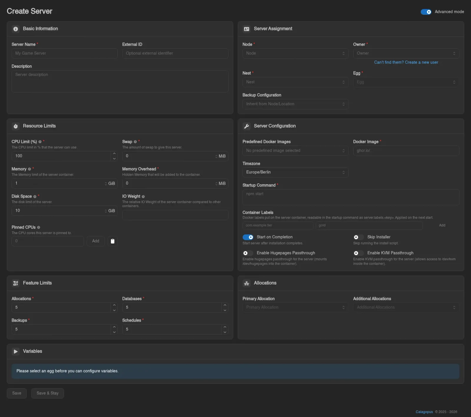 Create Server form