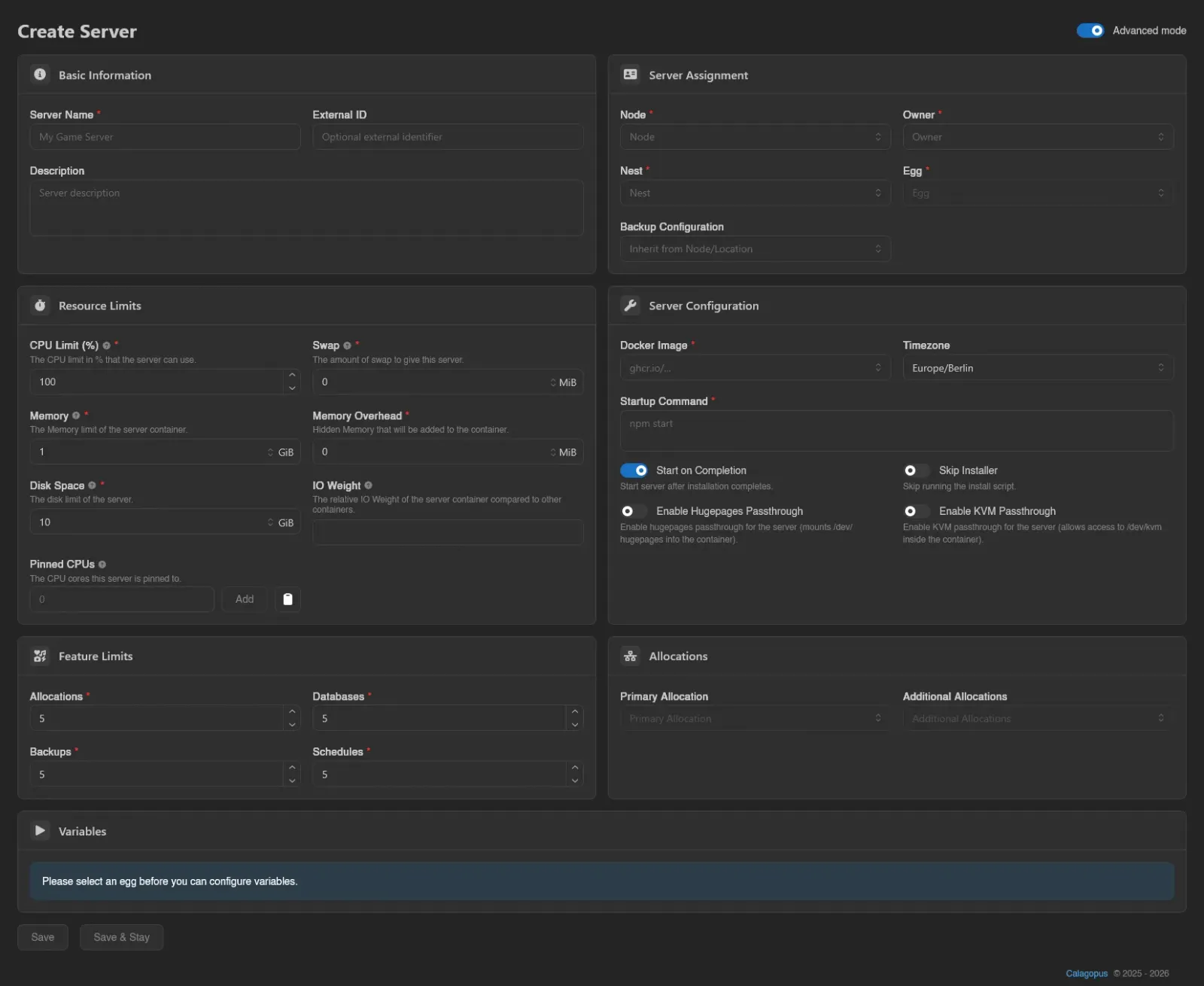 Create Server form