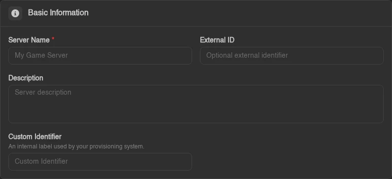 The Basic Information card of the Create Server form with an extension's Custom Identifier field rendered under Description