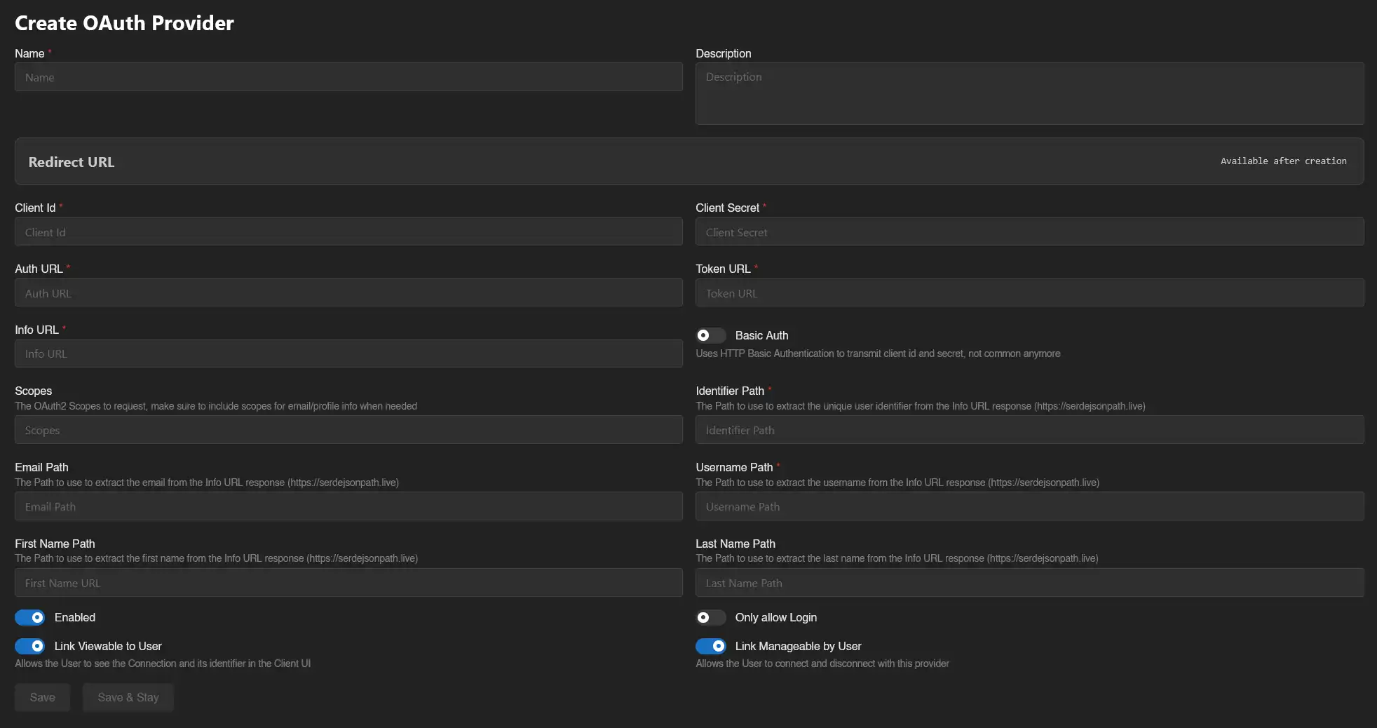 Create OAuth provider page
