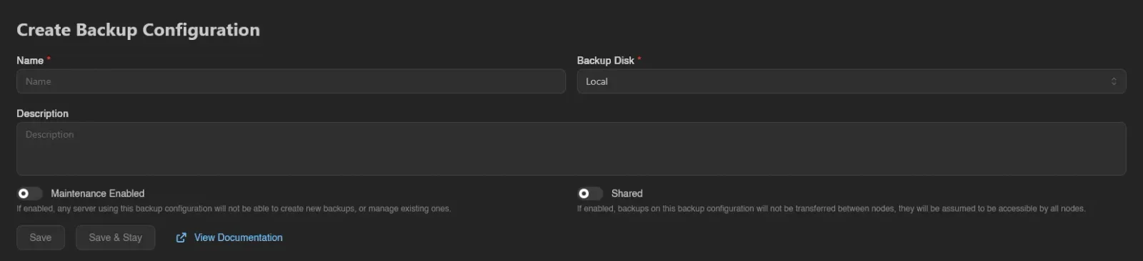 Create backup configuration form