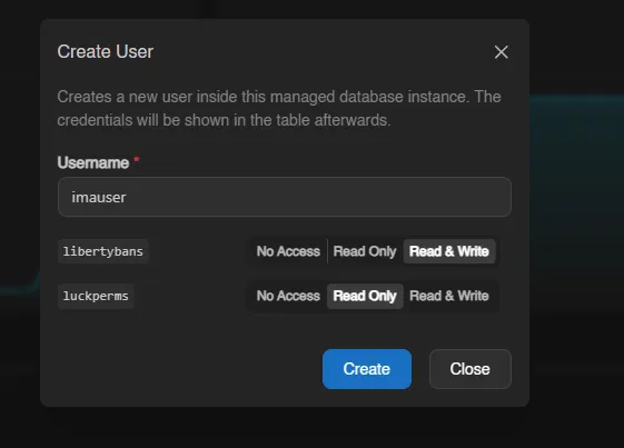The Database Permissions modal listing each database with a No Access, Read Only or Read & Write control