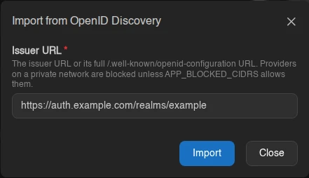 OpenID Discovery import dialog