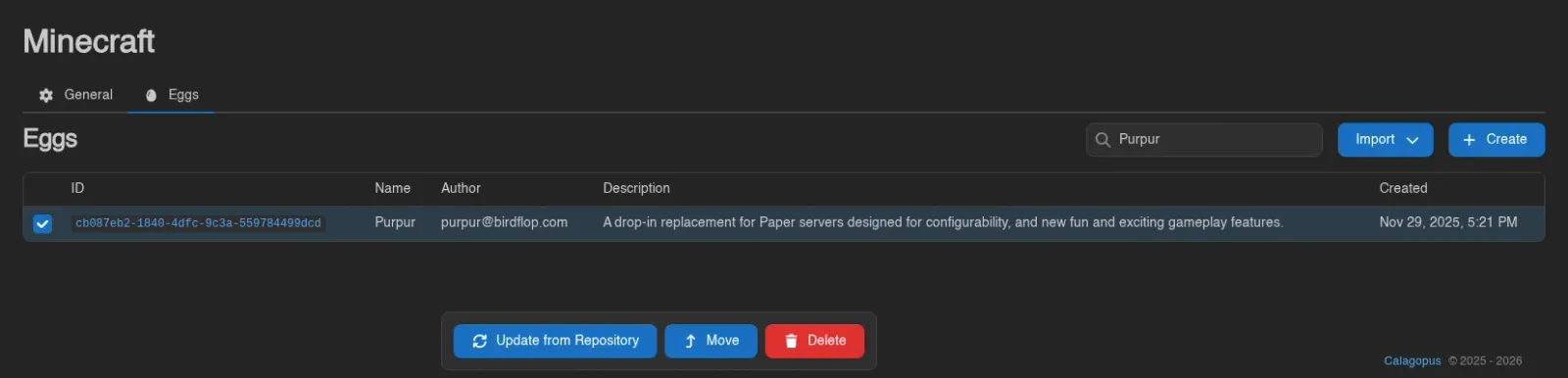 Egg selected with Update from Repository, Move and Delete controls