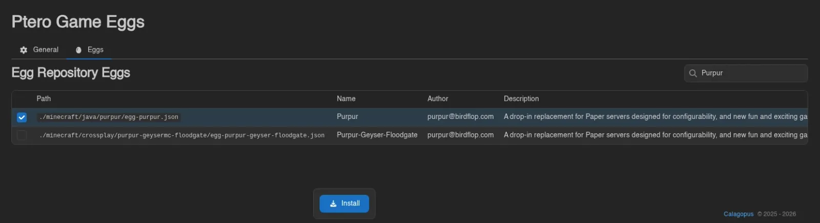 Repository egg selected with the Install control