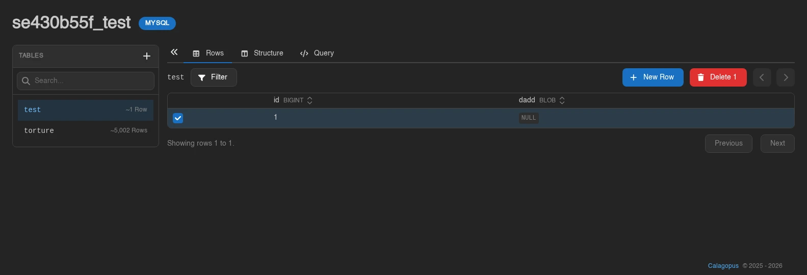 Database row selected with the Delete control