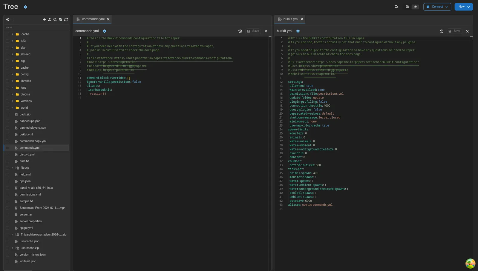 The file tree editor showing two files side by side in split view