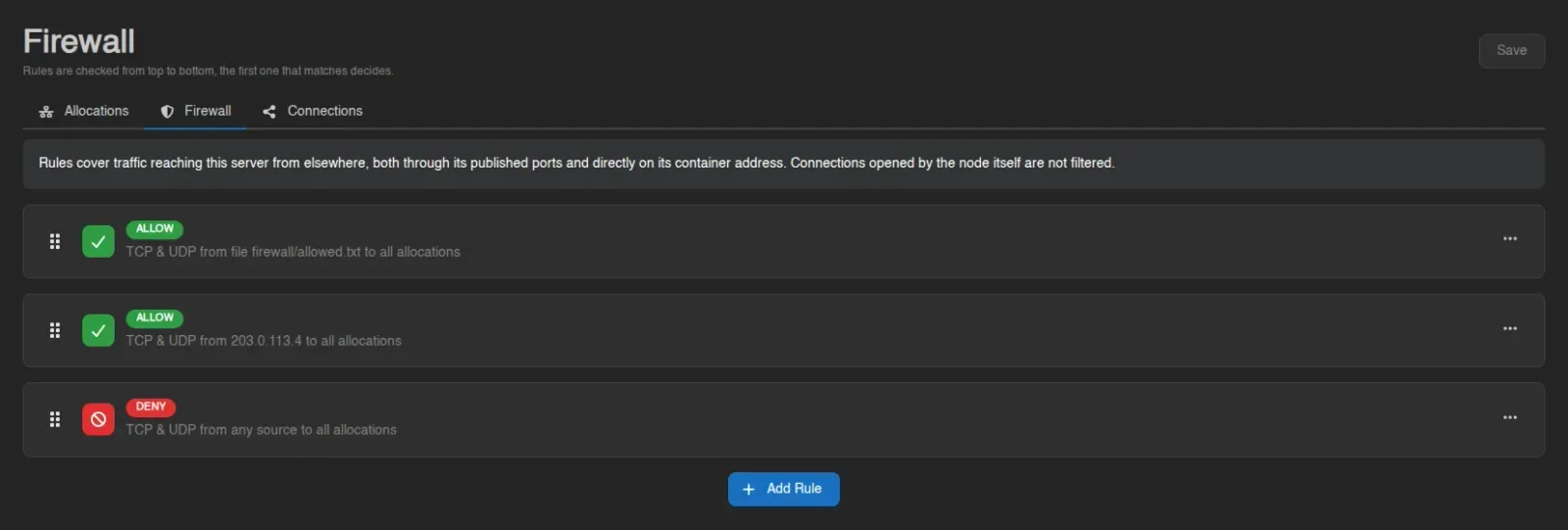 The Firewall page with an allow rule sourced from a file, an allow rule for a single address, and a catch-all deny rule