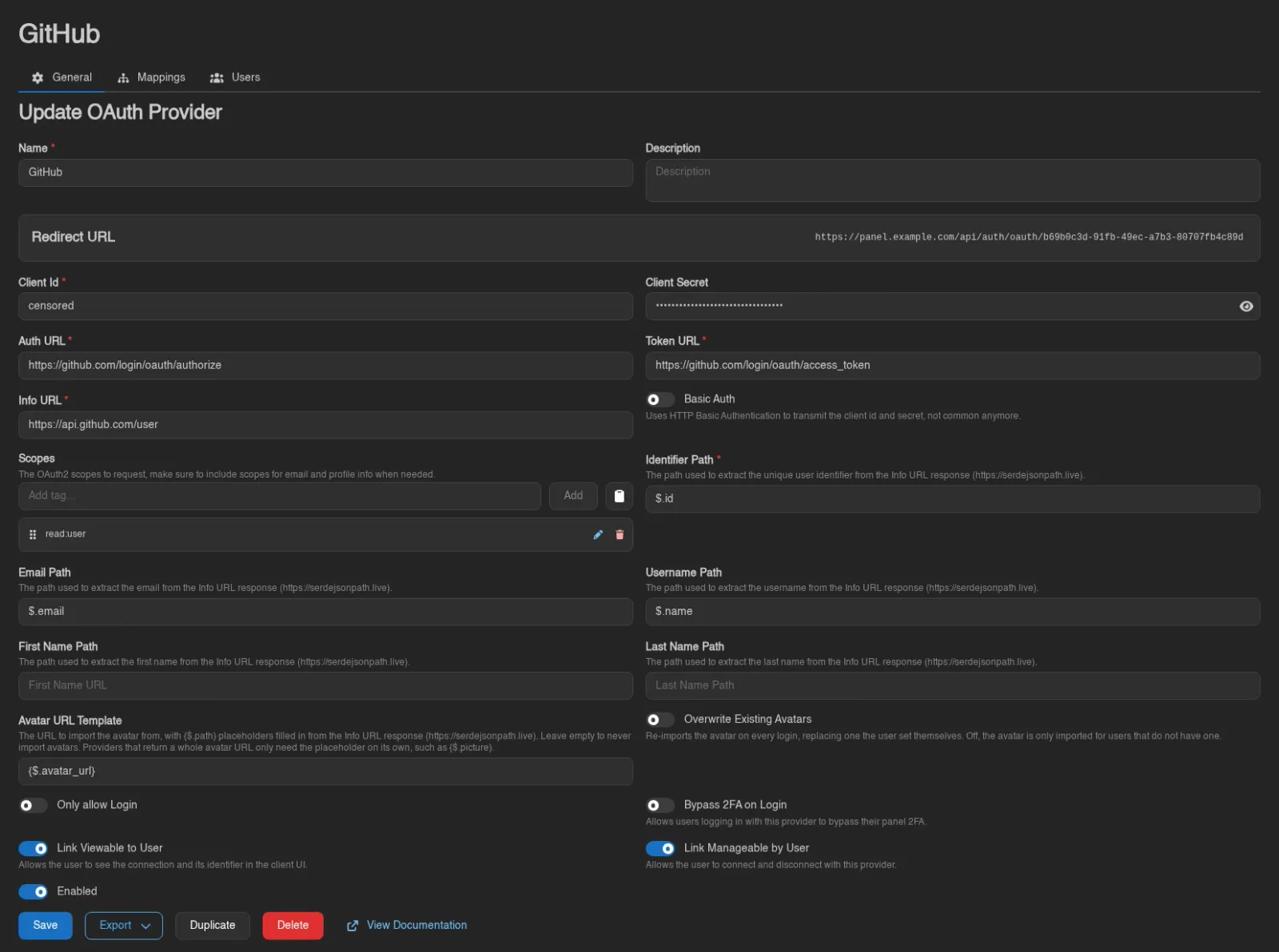 Configured provider with censored credentials