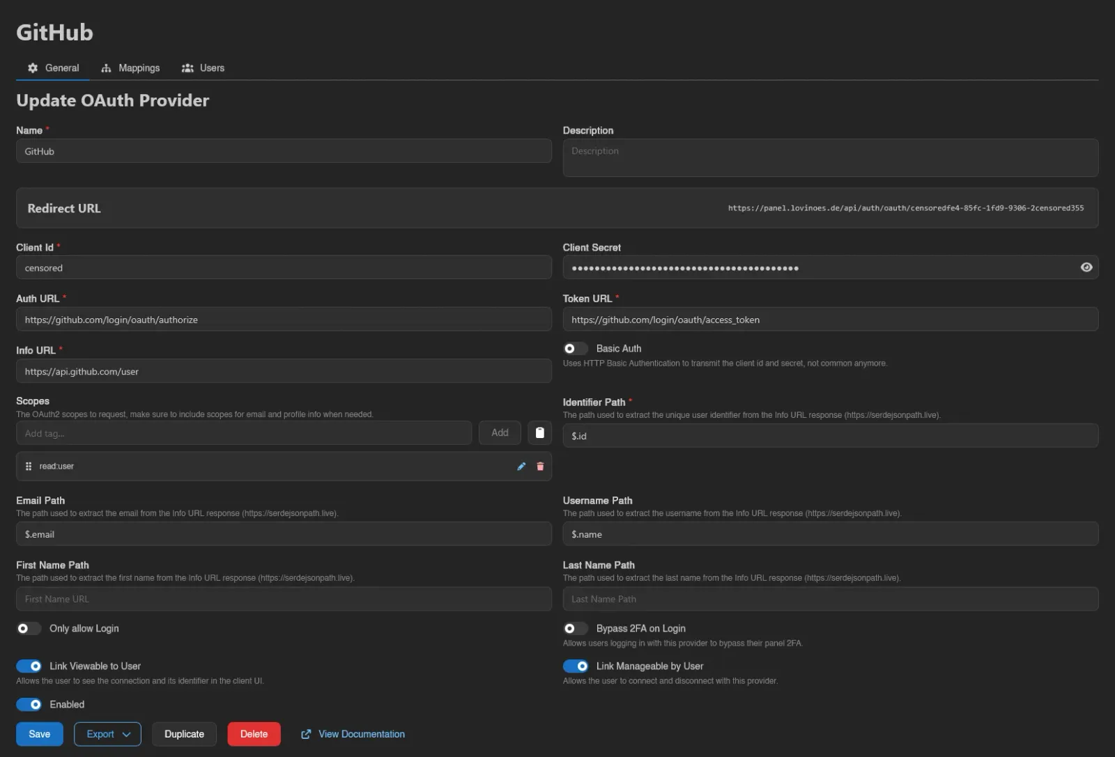 Configured provider with censored credentials