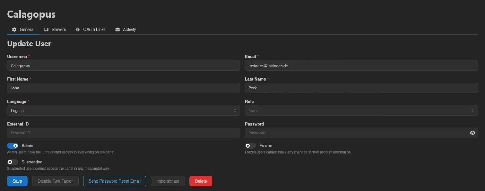 Update User form with admin actions