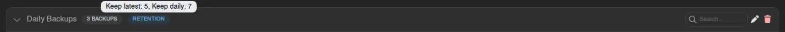The Retention badge hovered, showing "Keep latest: 5, Keep daily: 7"