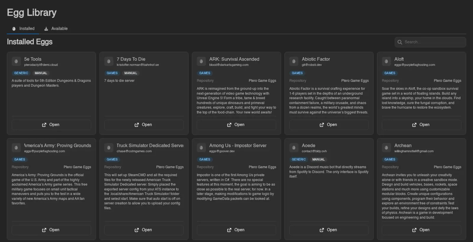 Egg Library Installed tab with egg cards showing nest badges, Manual badges and the source repository