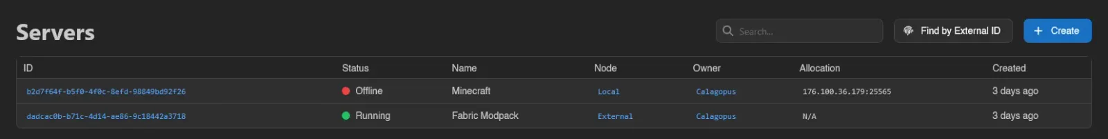 Admin server list
