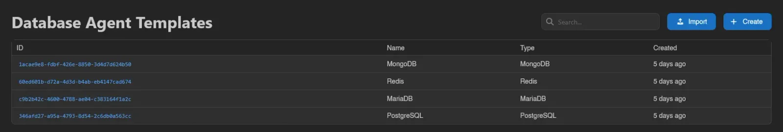 Database agent templates list