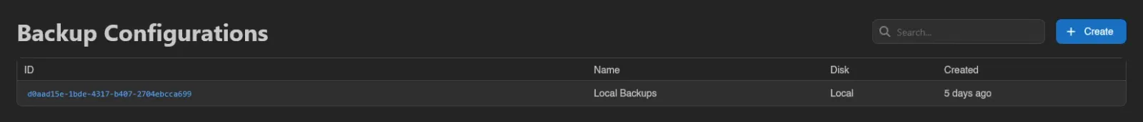 Backup configurations list