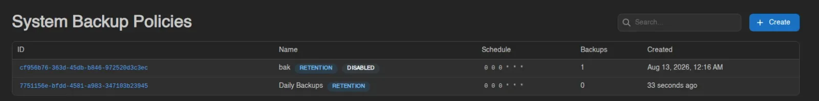 System backup policies list