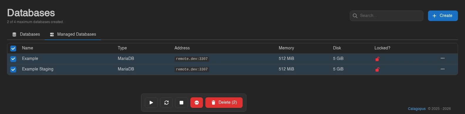 Managed database instances selected with power and Delete controls