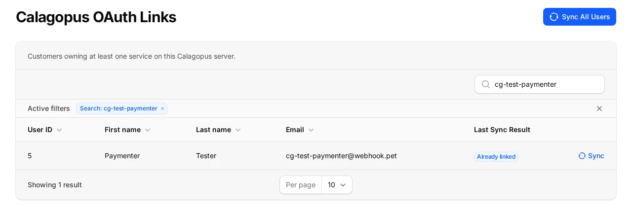 Paymenter Calagopus OAuth Links page listing a customer with an Already linked result and a Sync button