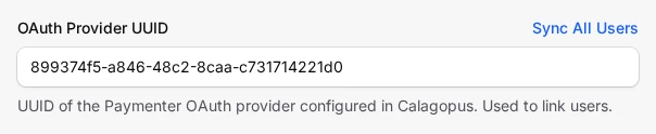 Paymenter OAuth Provider UUID field with a Sync All Users link