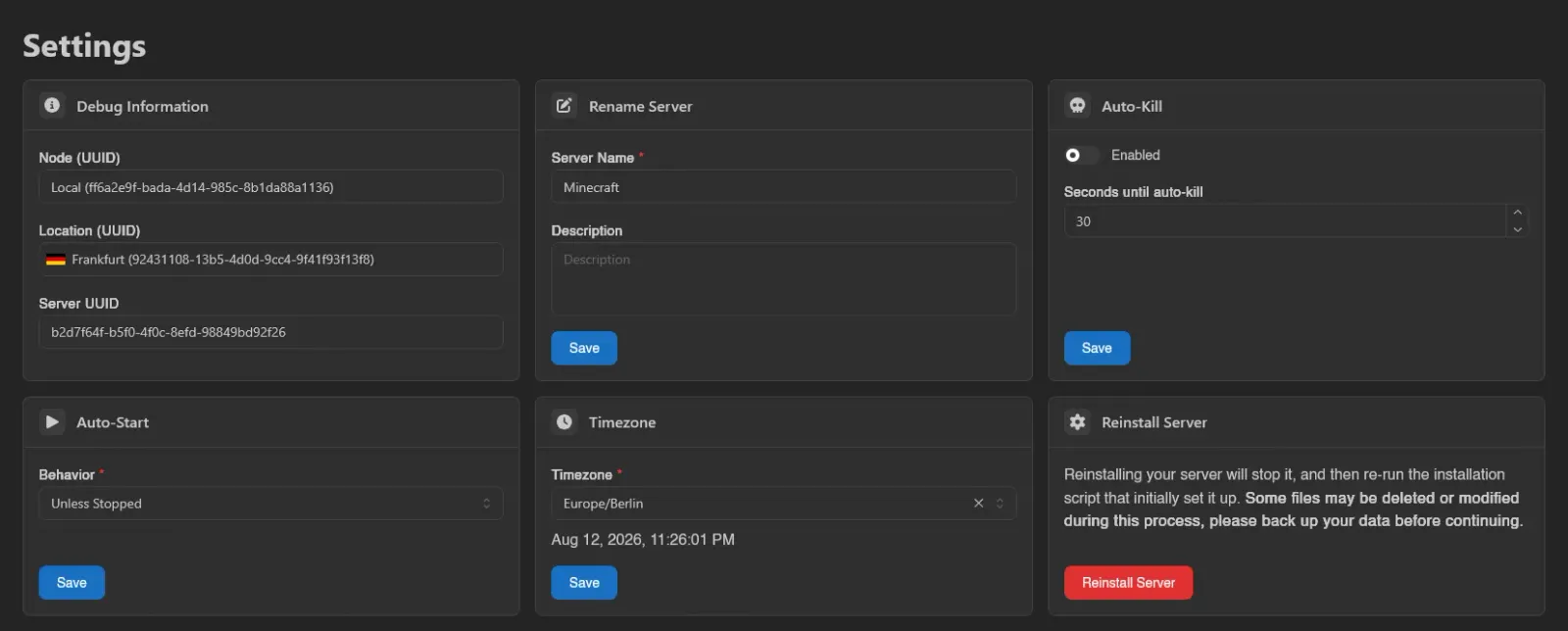 Settings page with all cards