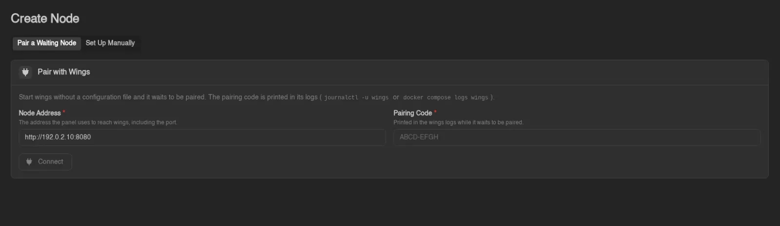 Pair a waiting Wings node using its address and pairing code