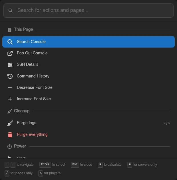 The quick actions palette on a server page, with an extension's Cleanup category between This Page and Power, a red danger row, and a custom mode hint in the footer