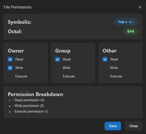 File permissions modal