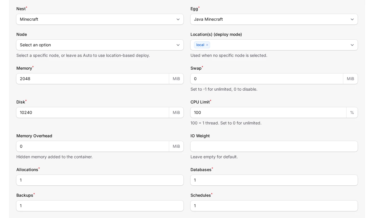 Paymenter product settings for Nest, Egg, node, locations, and memory, swap, disk, and CPU limits