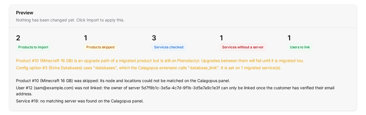 Pterodactyl import preview with 2 products to import, 1 skipped, 3 services checked, 1 without a server, 1 user to link, and warnings about an upgrade path and a renamed config option