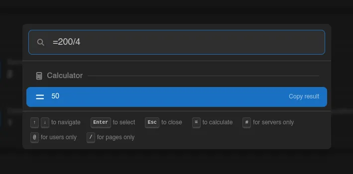 The Quick Actions palette evaluating a math expression after the = prefix