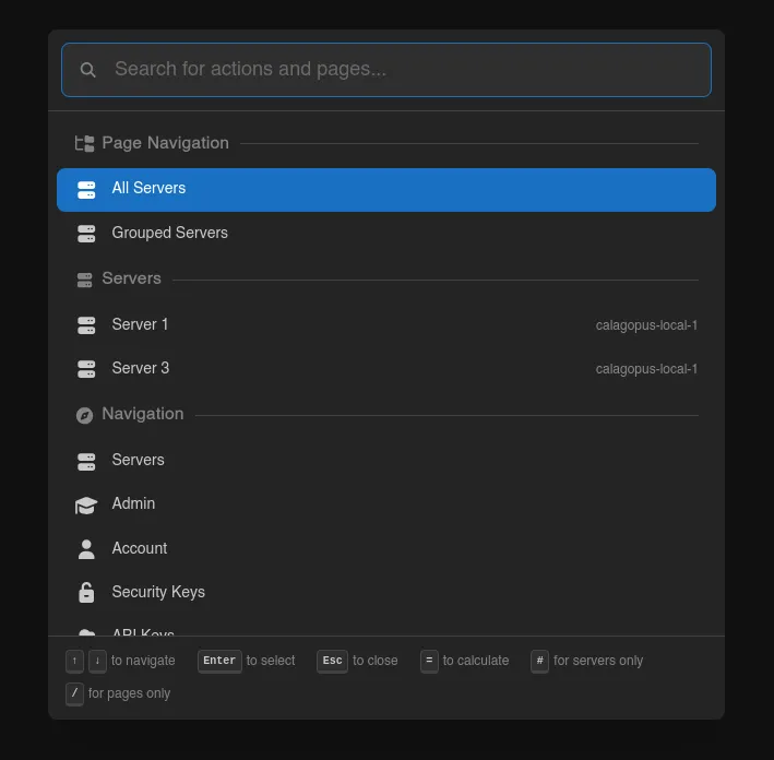The Quick Actions palette listing servers, pages and actions